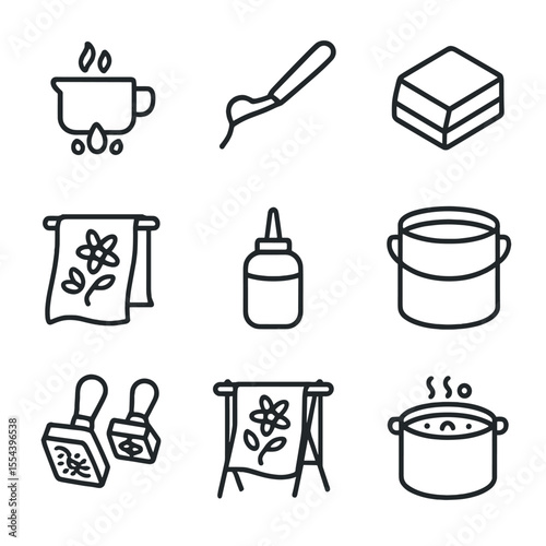 Batik Tools Icon Set. Outline icon set of batik textile art: wax pot, canting tool, batik wax, fabric, resist paste, dye vat,