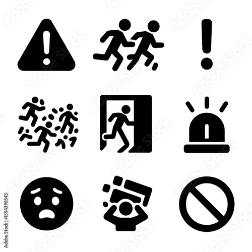 Panic Icons Set. Solid, filled icons set of panic in crowds: alert sign, running figures, exclamation mark,