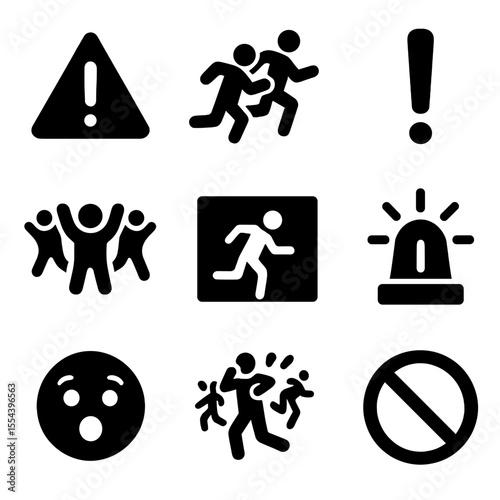 Panic Icons Set. Solid, filled icons set of panic in crowds: alert sign, running figures, exclamation mark,