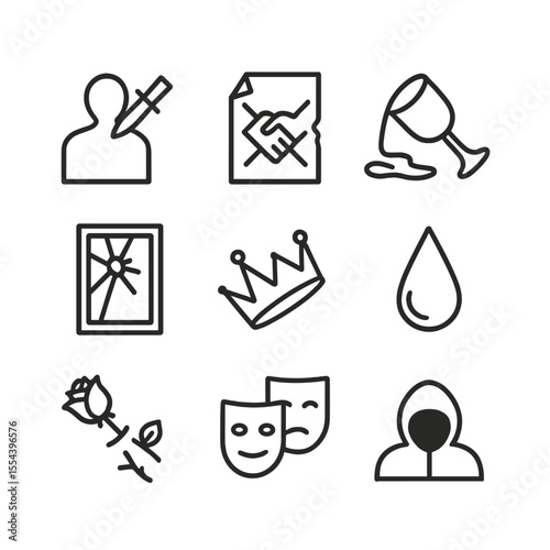 Betrayal Icon Set. Outline icon set of Betrayal Scenes: dagger in back, broken promise letter, spilled wine goblet, shattered
