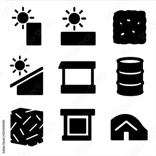 Passive Solar Icon Set. Solid, filled icons set of passive solar strategies: sunlit wall, thermal mass floor,