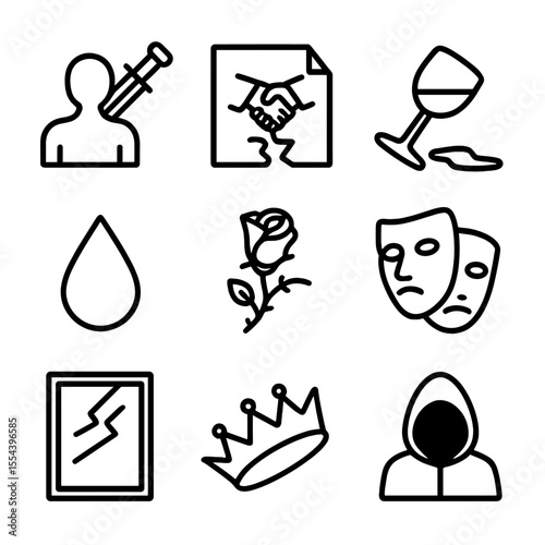Betrayal Icon Set. Outline icon set of Betrayal Scenes: dagger in back, broken promise letter, spilled wine goblet, shattered
