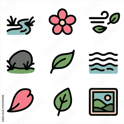 Peaceful Nature Icons. Solid, filled icons set of peaceful outdoor scenery: gentle stream, pink flower, soft