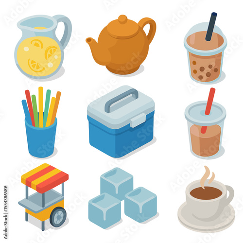 Beverage Stand Icons. Isometric Flat icon set of beverage and drink stands: lemonade pitcher, teapot, coffee cup, bubble tea cup,