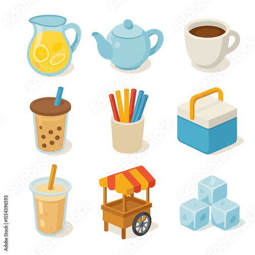 Beverage Stand Icons. Isometric Flat icon set of beverage and drink stands: lemonade pitcher, teapot, coffee cup, bubble tea cup,
