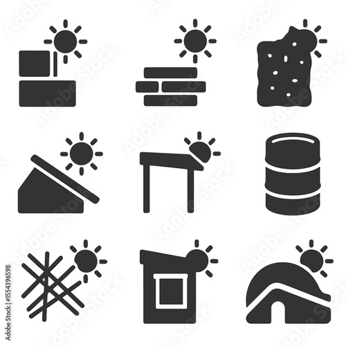 Passive Solar Icon Set. Solid, filled icons set of passive solar strategies: sunlit wall, thermal mass floor,