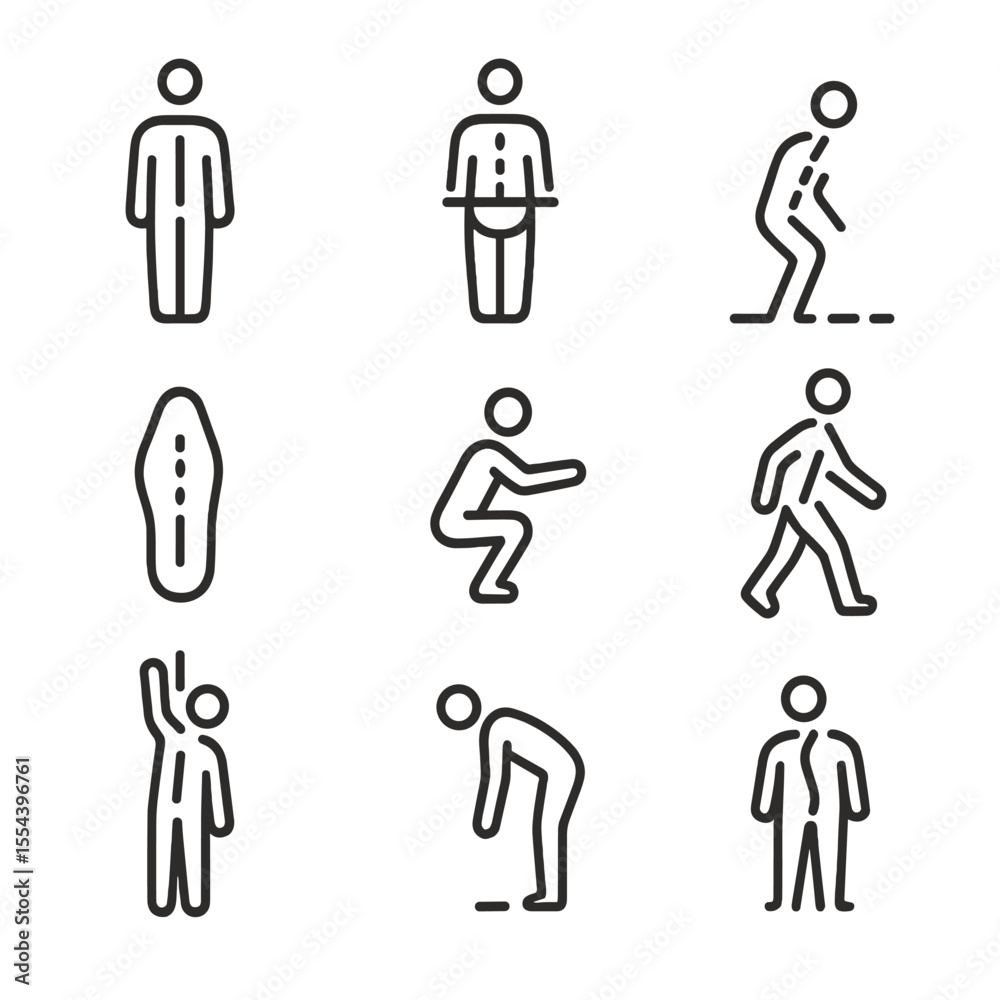 Fototapeta premium Body Balance Icons. Outline icon set of human body center of gravity: silhouette midline, pelvis marker, spine alignment, standing