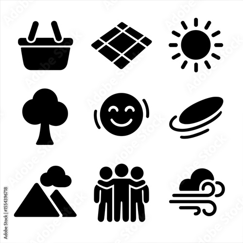 Picnic Icon Set. Solid, filled icons set of picnic and outdoor gatherings: picnic basket, picnic blanket,