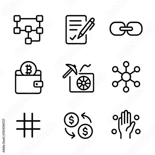 Blockchain Icons Grid. Outline icon set of blockchain applications in business: distributed ledger, smart contract, block chain