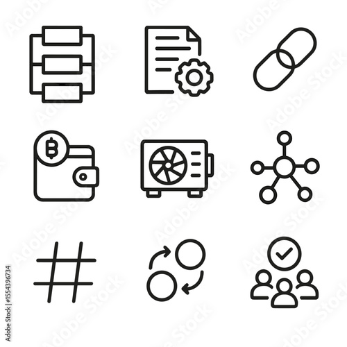 Blockchain Icons Grid. Outline icon set of blockchain applications in business: distributed ledger, smart contract, block chain