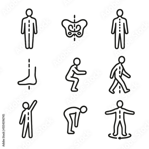Body Balance Icons. Outline icon set of human body center of gravity: silhouette midline, pelvis marker, spine alignment, standing