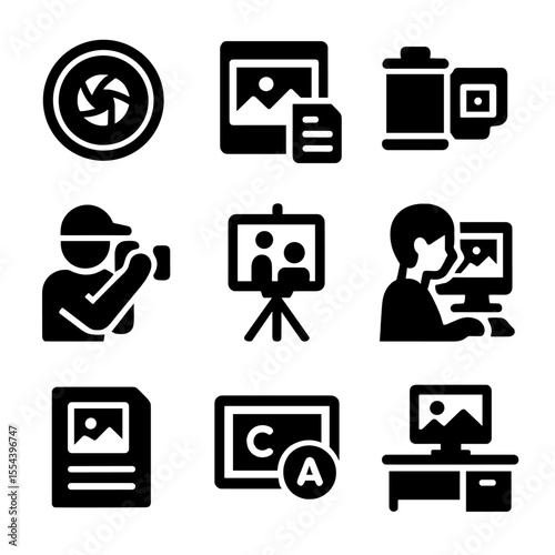 Photojournalism Icons Grid. Solid, filled icons set of photojournalism: camera lens, news photo, photo reel,