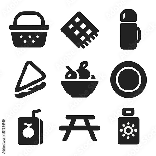Picnic Essentials Icons. Solid, filled icons set of picnic essentials: picnic basket, checkered blanket,