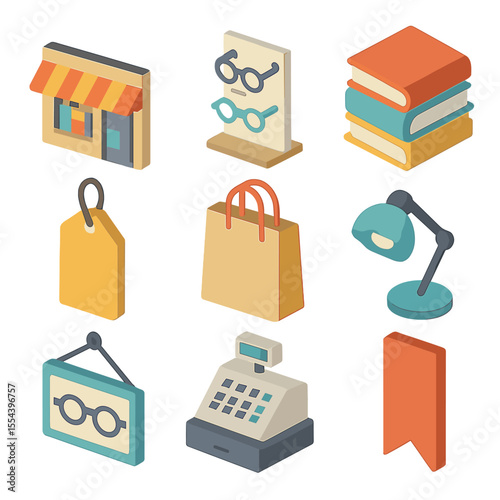 Bookstore Icon Set. Isometric Flat icon set of bookstore essentials: bookstore storefront, reading glasses display, book stack,