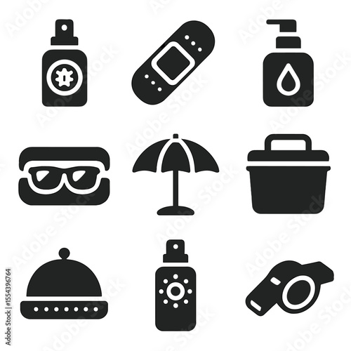 Picnic Safety Icons. Solid, filled icons set of picnic safety items: insect repellent, band-aid, hand