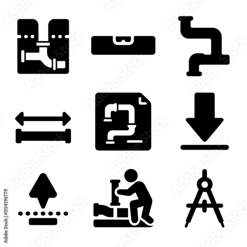 Pipe Layout Icons. Solid, filled icons set of pipe layout planning: trench diagram, level gauge, pipe route,