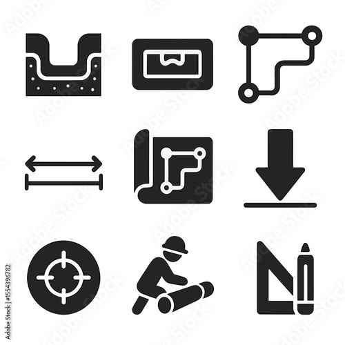 Pipe Layout Icons. Solid, filled icons set of pipe layout planning: trench diagram, level gauge, pipe route,