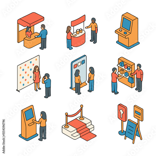 Brand Activation Icons. Isometric Flat icon set of brand activation events: branded booth, sampling table, interactive game