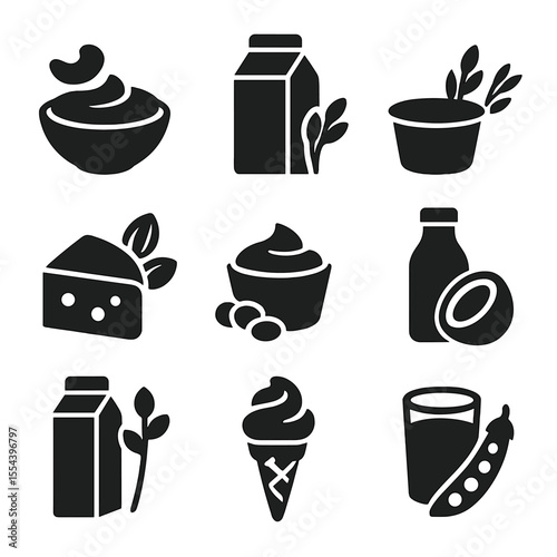 Plant-Based Dairy Icons. Solid, filled icons set of plant-based dairy alternatives: cashew cream, rice milk,