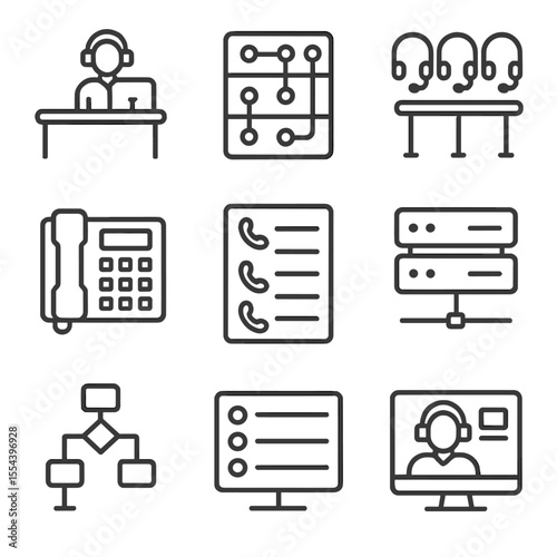 Call Center Icons. Outline icon set of call center infrastructure: operator desk, call routing switchboard, headset rack, PBX