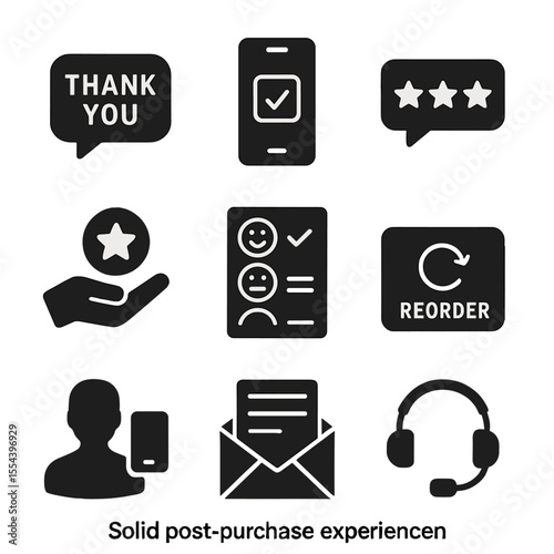 Post-Purchase Icon Set. Solid, filled icons set of post-purchase experience: thank you message, order