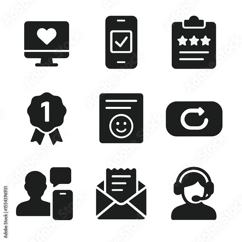 Post-Purchase Icon Set. Solid, filled icons set of post-purchase experience: thank you message, order