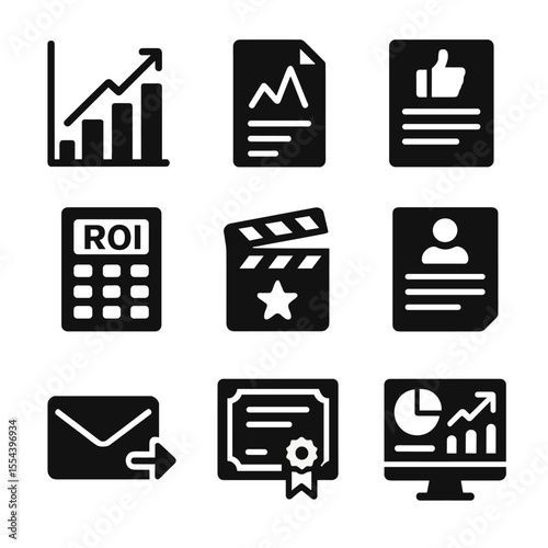 Post-Event Icon Set. Solid, filled icons set of post-event reporting and analysis: data chart, attendance