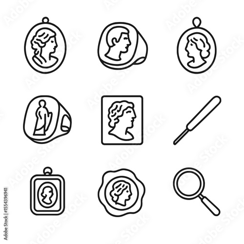 Cameo and Intaglio Icons. Outline icon set of Cameo and Intaglio Discoveries: shell cameo brooch, agate intaglio ring, portrait