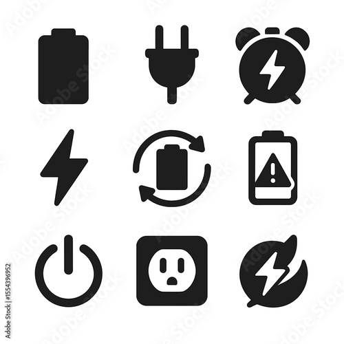 Power Icon Grid. Solid, filled icons set of power and battery: battery icon, power plug, electric clock, power