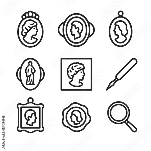Cameo and Intaglio Icons. Outline icon set of Cameo and Intaglio Discoveries: shell cameo brooch, agate intaglio ring, portrait