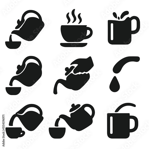 Pouring Tea Icons. Solid, filled icons set of pouring tea moments: tilted kettle, cup below spout, flowing tea