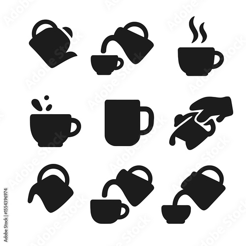 Pouring Tea Icons. Solid, filled icons set of pouring tea moments: tilted kettle, cup below spout, flowing tea