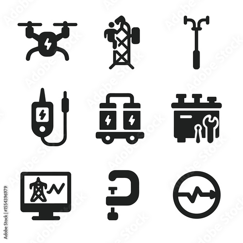 Power Grid Tools Icons. Solid, filled icons set of power grid maintenance units: electric drone, tower climber