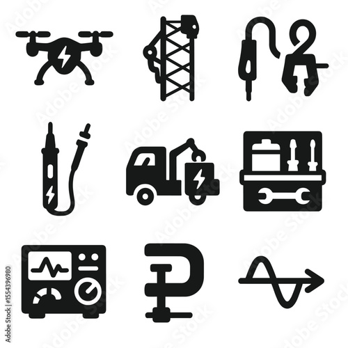 Power Grid Tools Icons. Solid, filled icons set of power grid maintenance units: electric drone, tower climber