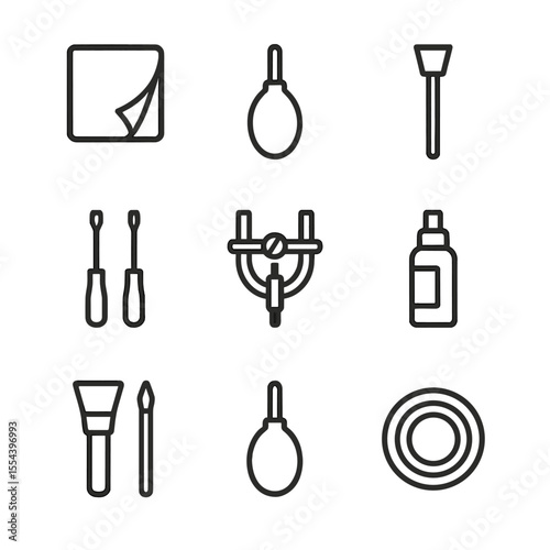 Camera Maintenance Icons. Outline icon set of camera maintenance tools: lens cleaning cloth, blower bulb, sensor swab,
