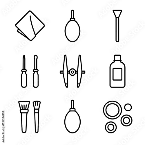 Camera Maintenance Icons. Outline icon set of camera maintenance tools: lens cleaning cloth, blower bulb, sensor swab,