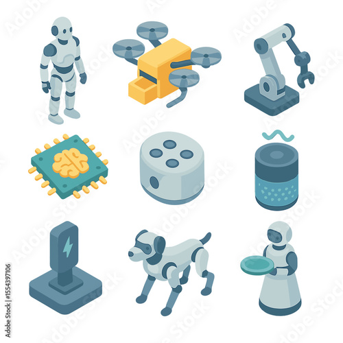 AI Robotics Icon Set. Isometric Flat icon set of AI-powered robotics: humanoid robot, drone delivery unit, robotic arm, AI brain