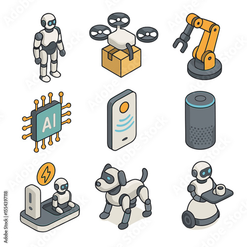 AI Robotics Icon Set. Isometric Flat icon set of AI-powered robotics: humanoid robot, drone delivery unit, robotic arm, AI brain