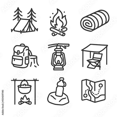 Campsite Icon Set. Outline icon set of Shaded Campsite: camping tent under trees, campfire ember, sleeping bag, backpack leaning