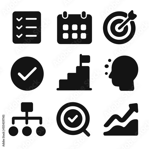 Productivity Icons Grid. Solid, filled icons set of productivity and focus: task list, calendar icon, goal