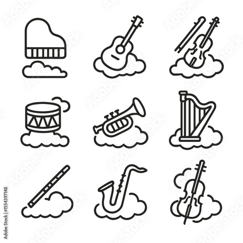 Airborne Musical Icons. Outline icon set of floating musical instruments: sky piano, airborne guitar, drifting violin, floating