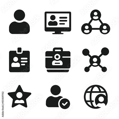 Professional Icons Grid. Solid, filled icons set of professional branding and online presence: profile icon,