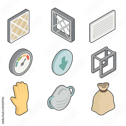 Air Filter Icon Set. Isometric Flat icon set of air filter replacement: pleated filter, filter frame, air return vent, filter