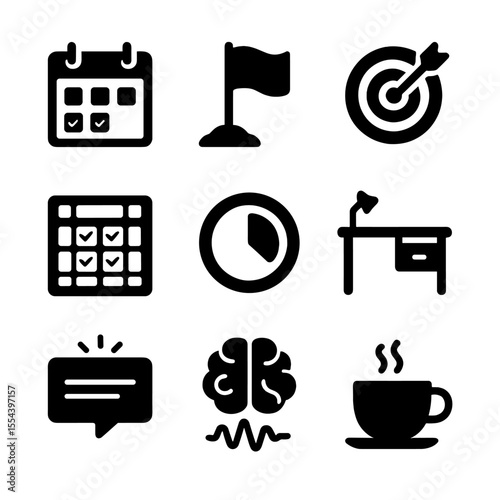 Productivity Icon Set. Solid, filled icons set of productivity boosters: calendar, goal flag, focus board,