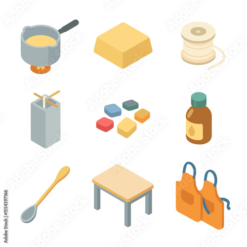 Candle Workshop Icons. Isometric Flat icon set of candle making family workshop: melting pot, beeswax block, wick roll, candle