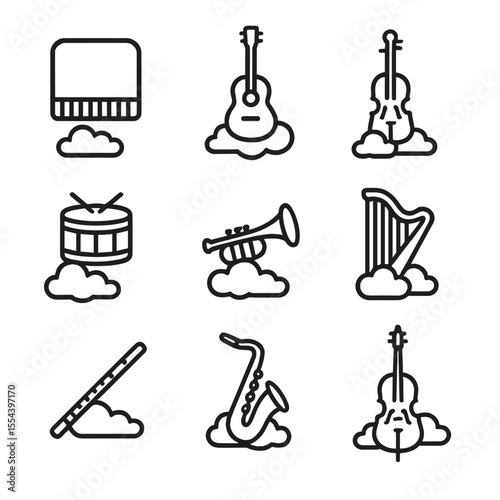 Airborne Musical Icons. Outline icon set of floating musical instruments: sky piano, airborne guitar, drifting violin, floating