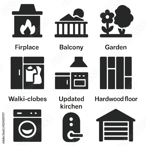Property Features Icons. Solid, filled icons set of property listing features: fireplace icon, balcony view,