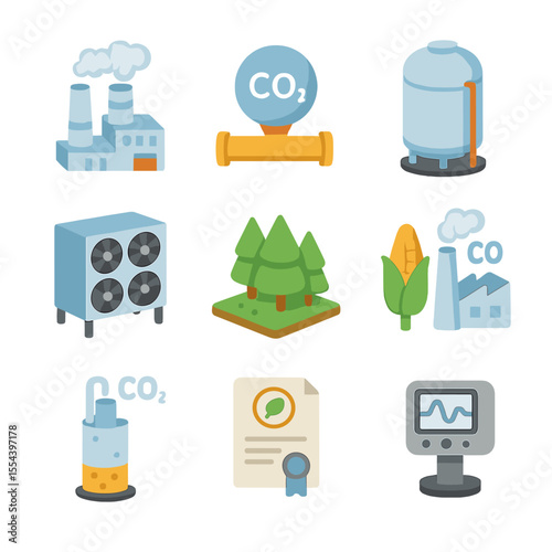Carbon Capture Icon Set. Isometric Flat icon set of carbon capture and storage solutions: carbon capture plant, CO₂ pipeline,