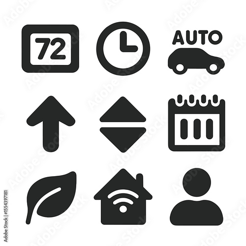 Programmable Thermostat Icons. Solid, filled icons set of programmable thermostat features: digital display,