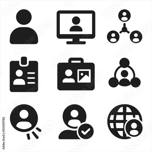 Professional Icons Grid. Solid, filled icons set of professional branding and online presence: profile icon,